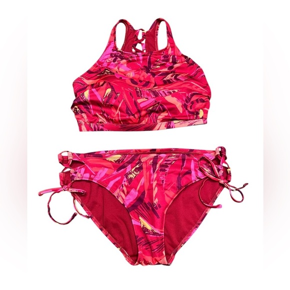 All in Motion Pink Lace Up Tropical Bikini Swimwear Set Size L - Picture 6 of 9